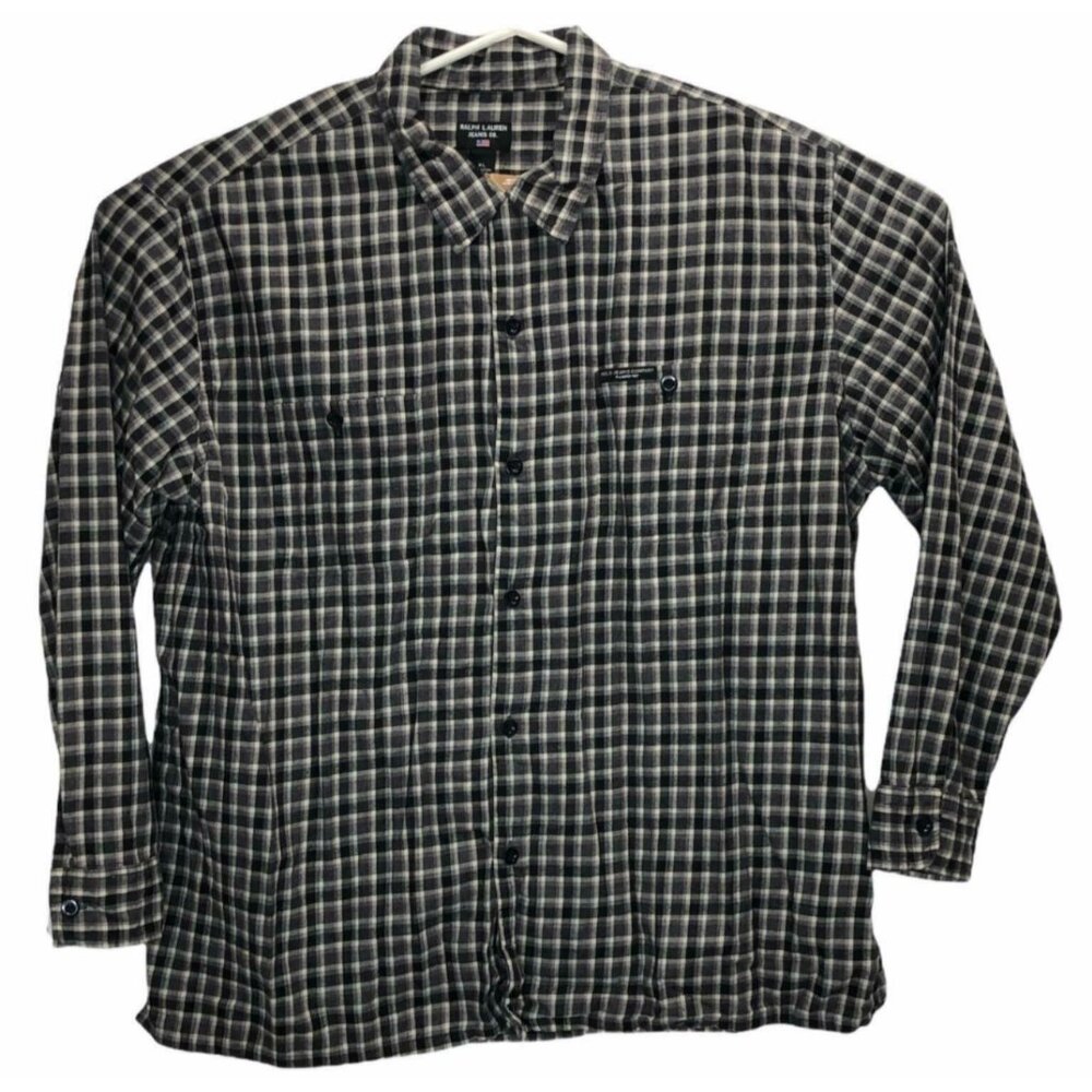Ralph Lauren Jeans Company Flannel Shirt Mens XL Black Tan Beige Long Sleeves